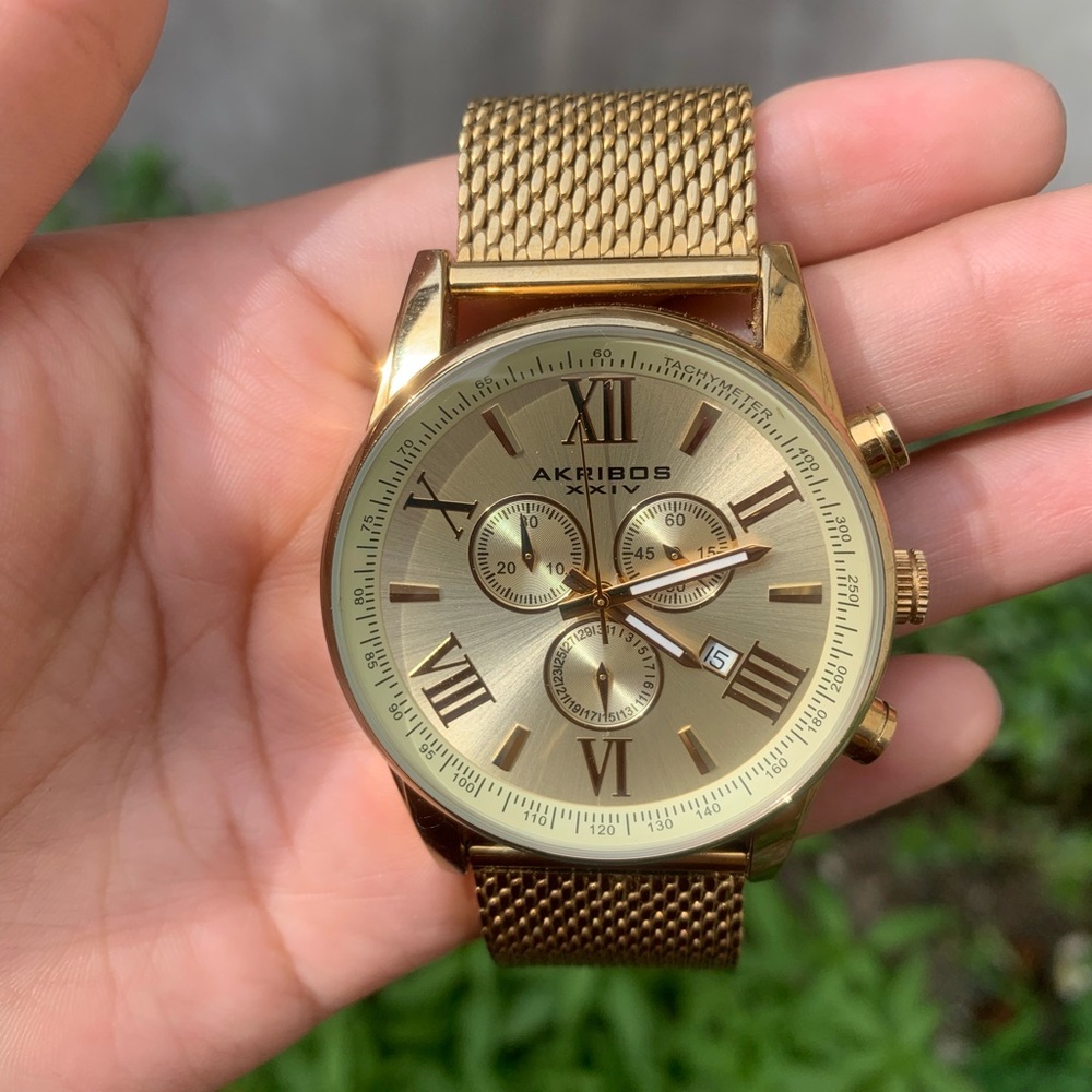 Akribos XXIV Mens Gold Tone Bracelet Watch - Picture 3 of 6